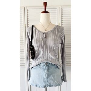 All Points by Reference Point VTG Neck Front Tie Long Sleeve Grey Top